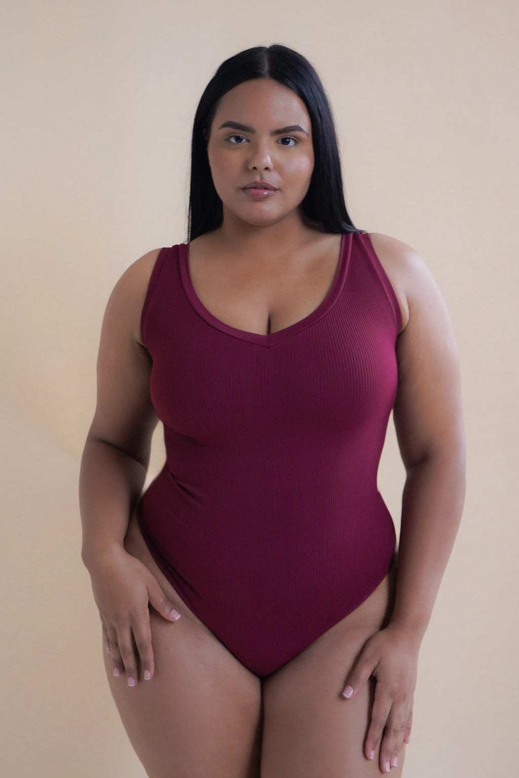 Rib Sculpt V-Neck Shapewear Bodysuit - OxBlood – Pinsy Shapewear