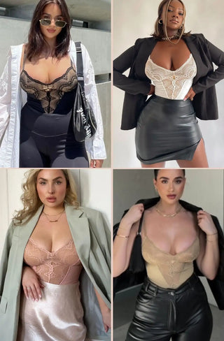pinsy shapewear women wearing sculpting lace shapewear bodysuits