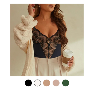 pinsy shapewear woman wearing sculpting lace shapewear bodysuit in black