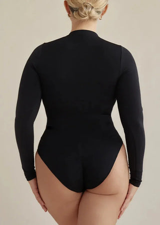 Pinsy Shapewear Long Sleeve V Neck Butter Sculpt Seamless Shapewear Bodysuits in Black