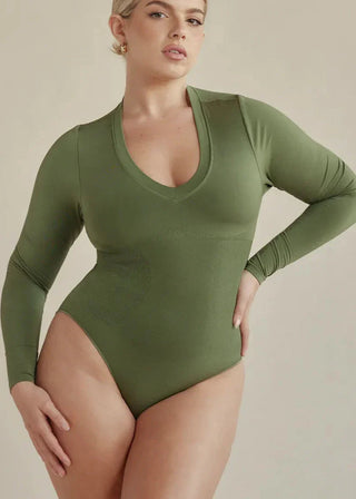 Pinsy Shapewear Long Sleeve V Neck Butter Sculpt Seamless Shapewear Bodysuits in Olive Green