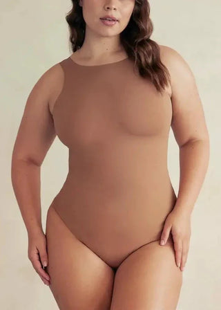 pinsy shapewear woman wearing scoop tank shapewear bodysuit in camel