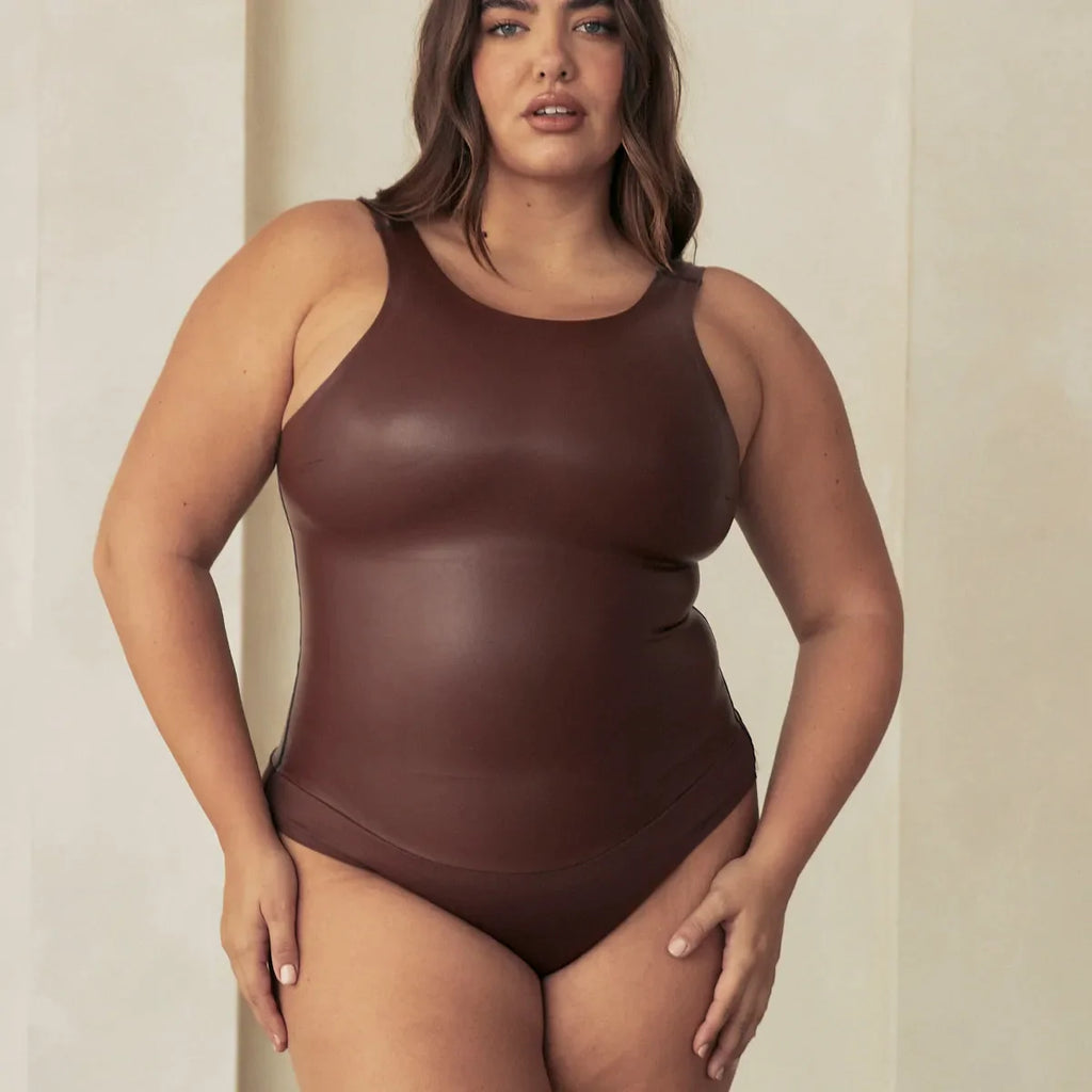 NWT Pinsy Vegan Leather Scoop Tank Shapewear Bodysuit Brown / XL