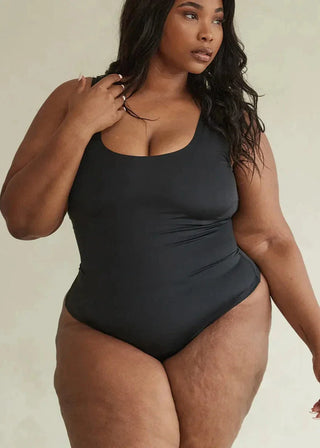 Woman Wearing Pinsy Shapewear Spaghetti Hourglass Shapewear Cheeky Bodysuit in Black