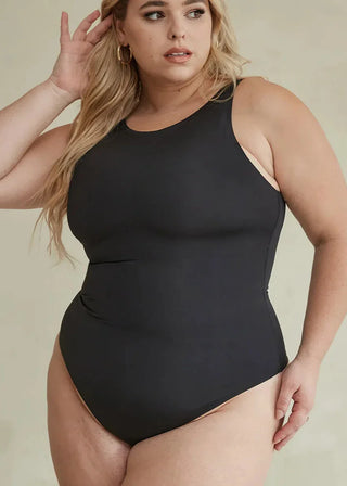 Woman Wearing Pinsy Shapewear High Neck Hourglass Shapewear Cheeky Bodysuit in Black