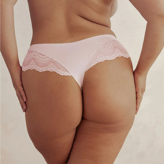 Woman wearing Pinsy Shapewear Pink Lace Thong Panty