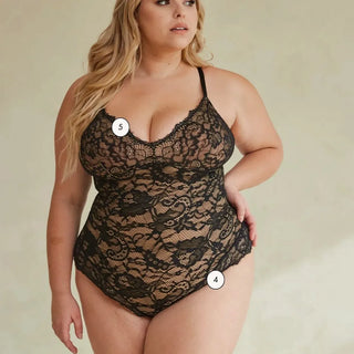 Model wearing Pinsy Shapewear Black Shaping Lace Shapewear Bodysuit with v neck and sexy tummy control