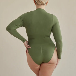  Pinsy Shapewear Long Sleeve V Neck Butter Sculpt Seamless Shapewear Bodysuits in Olive Green