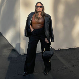 International Women's Day Woman wearing Vegan Leather High Neck Shapewear Bodysuit in Brown