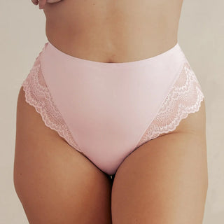 Woman wearing Pinsy Shapewear High-Waist Smoothing Pink Lace Hipster Panty