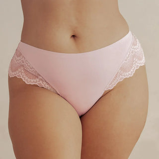 Woman wearing Pinsy Shapewear Mid-Waist Smoothing Pink Lace Hipster Panty